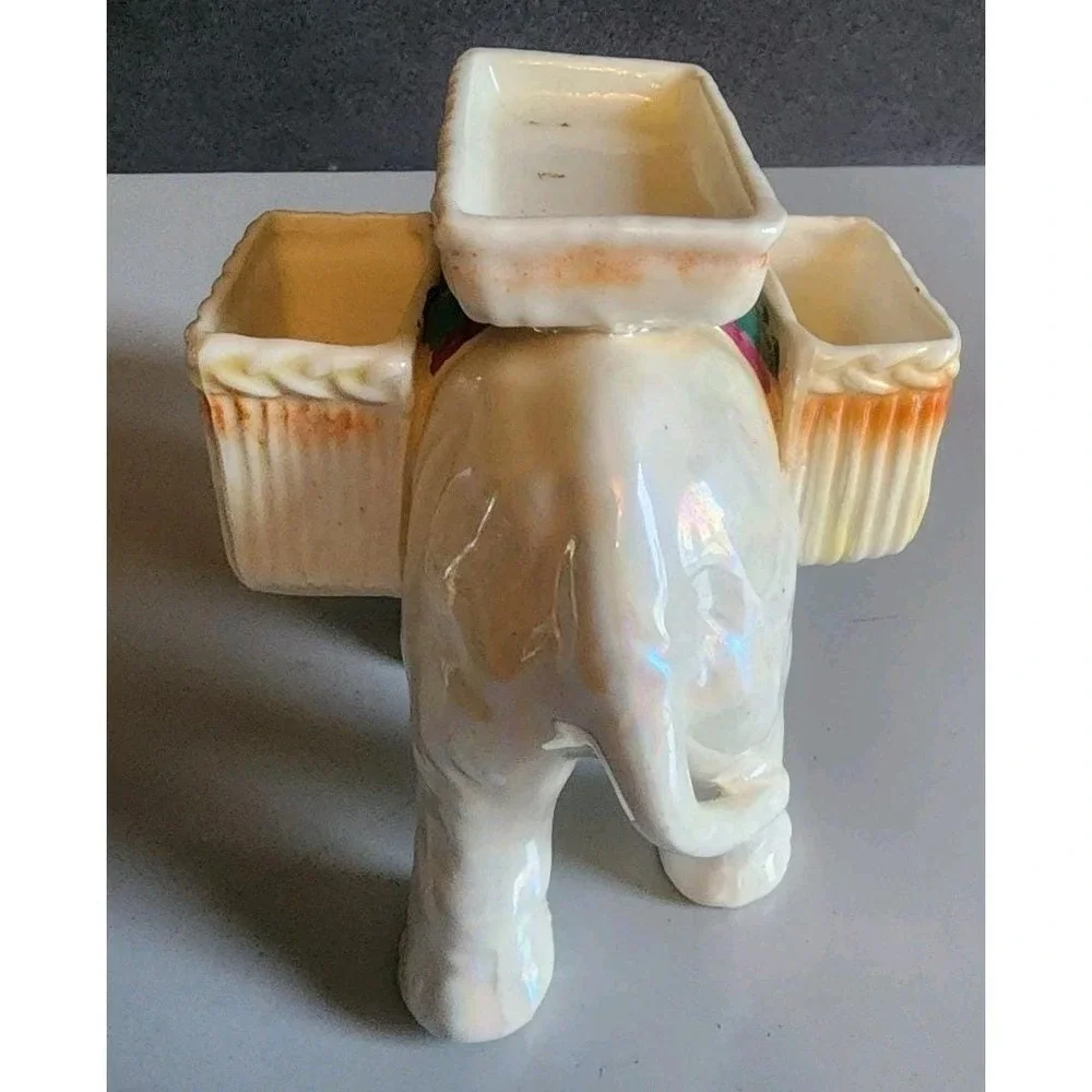 Porcelain Elephant Figurine Decor Vintage White 2 Baskets
